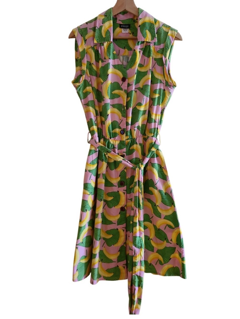 Retrolicious Banana Pattern Button Dress Green Yellow Retro Vintage-y Tie Waist - Picture 3 of 16